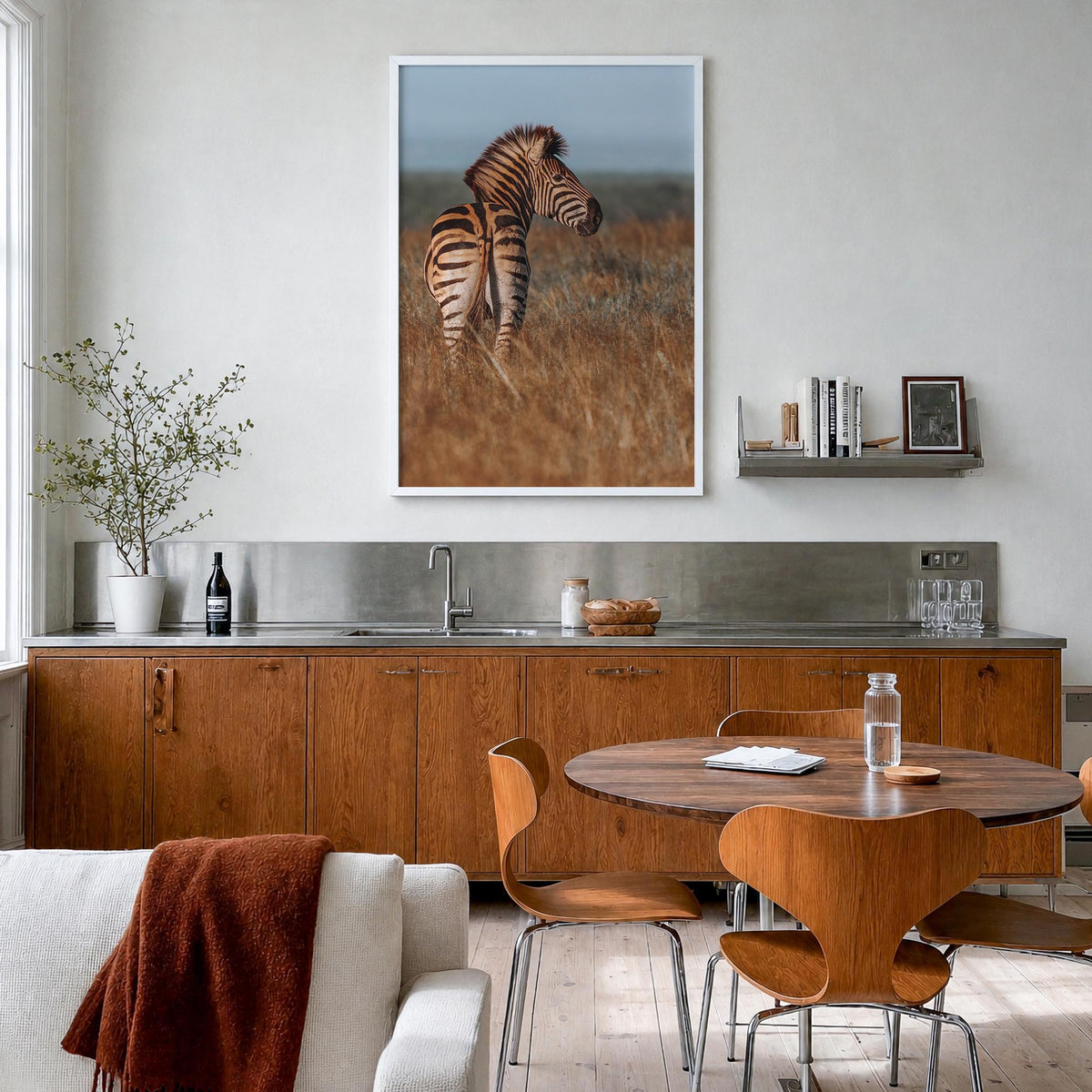 Zebra no. 2 colorful photo poster – vertical wall art in white wood frame, hanging on wall