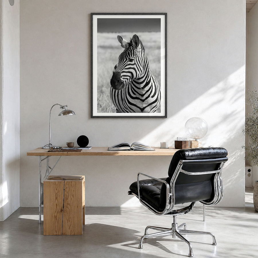 Zebra Photo No 1 Poster in a black wood frame, hanging in a bright home office, white border