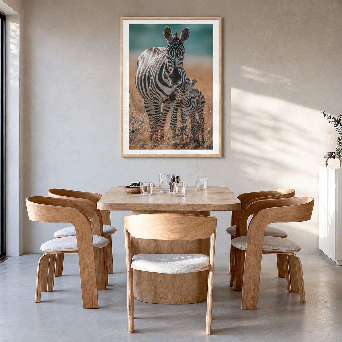 Zebra Photo No 1 Poster in a natural wood frame, hanging in a dining room, white border