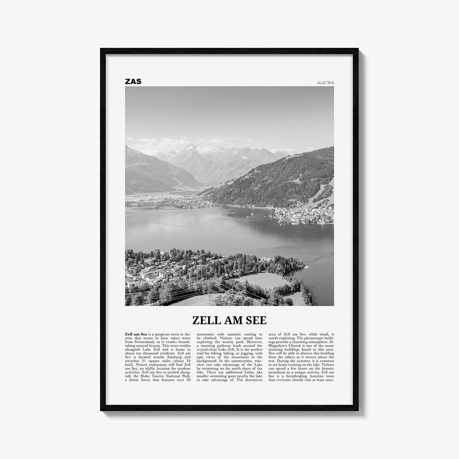Zell am See black & white newspaper poster of Austria – vertical wall art, unframed print shown in interior mockup