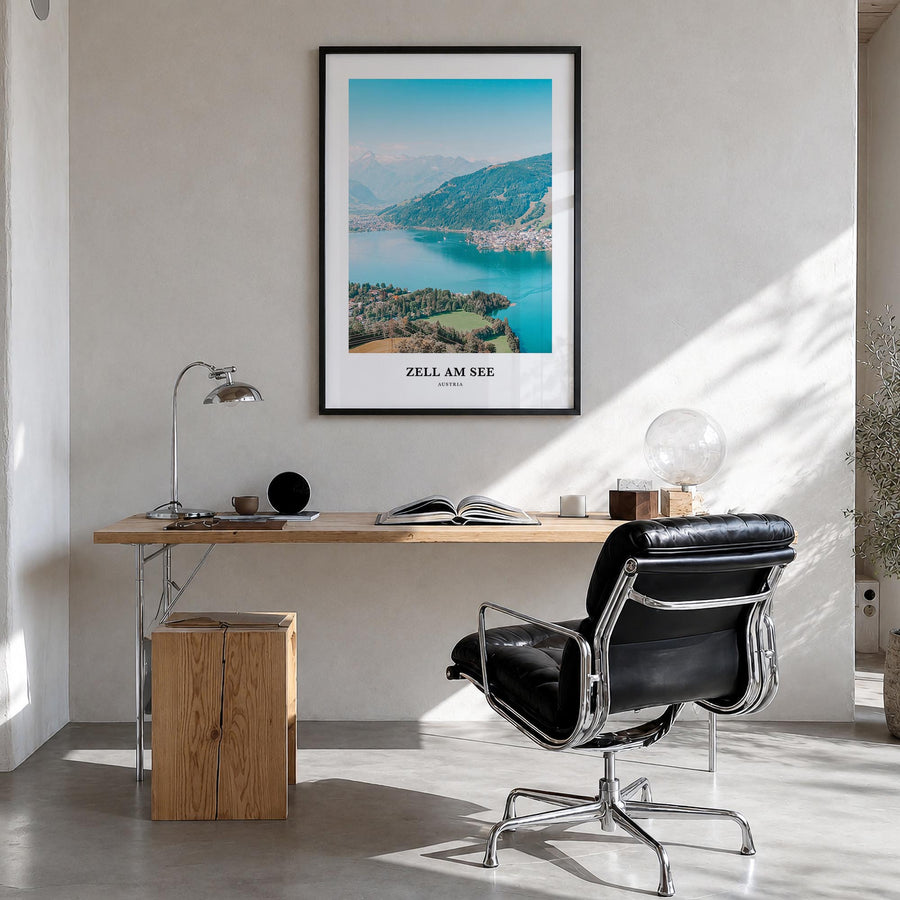 Zell am See colorful classic poster of Austria – vertical wall art in black wood frame, hanging on wall