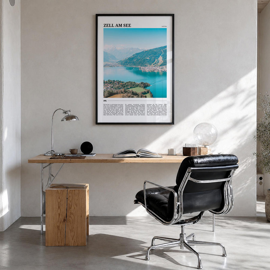 Zell am See colorful travel poster of Austria – vertical wall art in black wood frame, hanging on wall