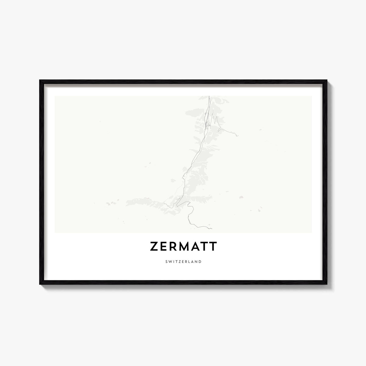 Zermatt black & white map poster of Switzerland – horizontal wall art, unframed print shown in interior mockup