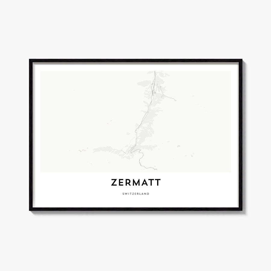 Zermatt black & white map poster of Switzerland – horizontal wall art, unframed print shown in interior mockup