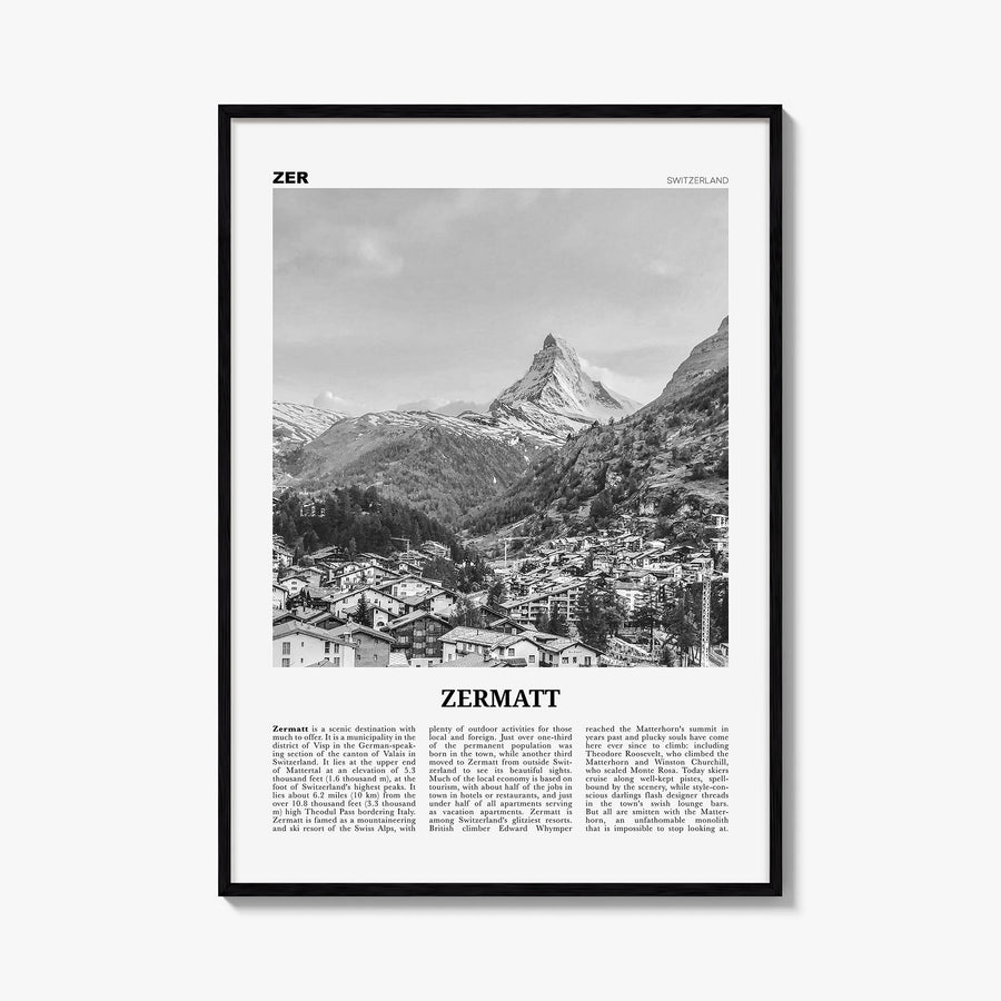 Zermatt black & white newspaper poster of Switzerland – vertical wall art, unframed print shown in interior mockup