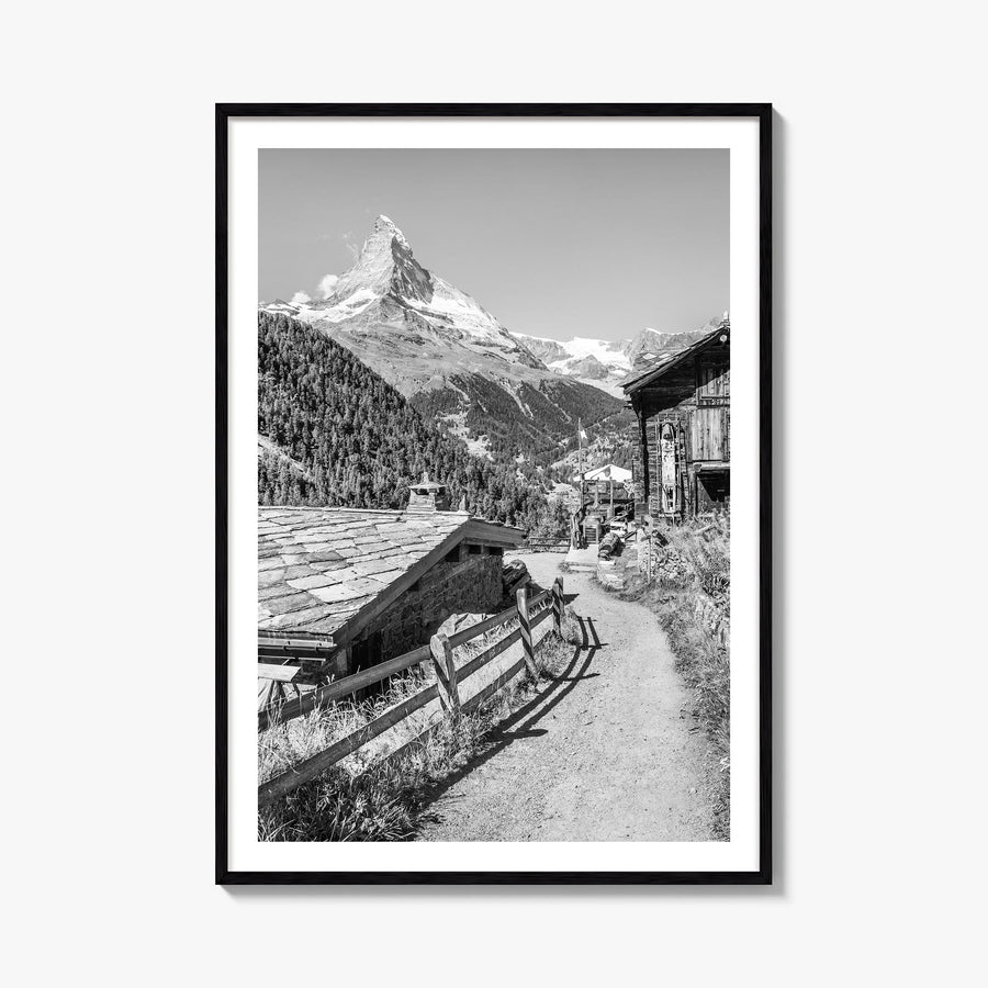 Zermatt black & white photo poster of Switzerland – vertical wall art, unframed print shown in interior mockup