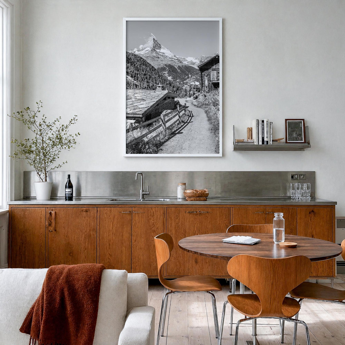 Zermatt black & white photo poster of Switzerland – vertical wall art in white wood frame, hanging on wall