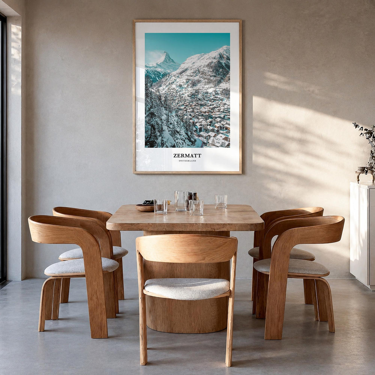 Zermatt colorful classic poster of Switzerland – vertical wall art in natural wood frame, hanging on wall
