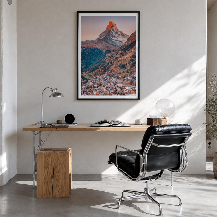 Zermatt colorful photo poster of Switzerland – vertical wall art in black wood frame with white border, hanging on wall