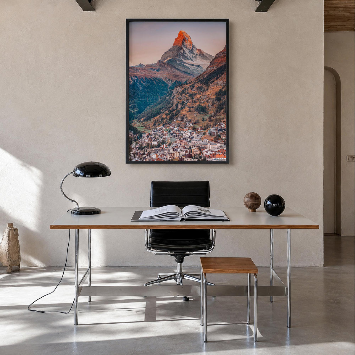 Zermatt colorful photo poster of Switzerland – vertical wall art in black wood frame, hanging on wall