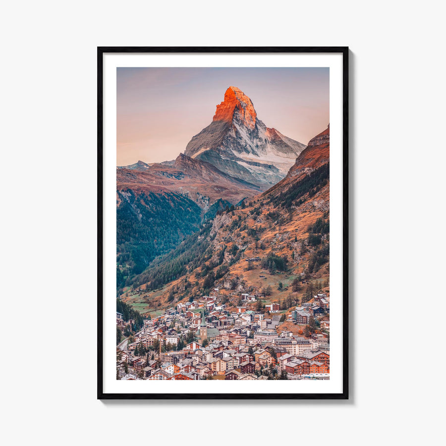 Zermatt colorful photo poster of Switzerland – vertical wall art, unframed print shown in interior mockup
