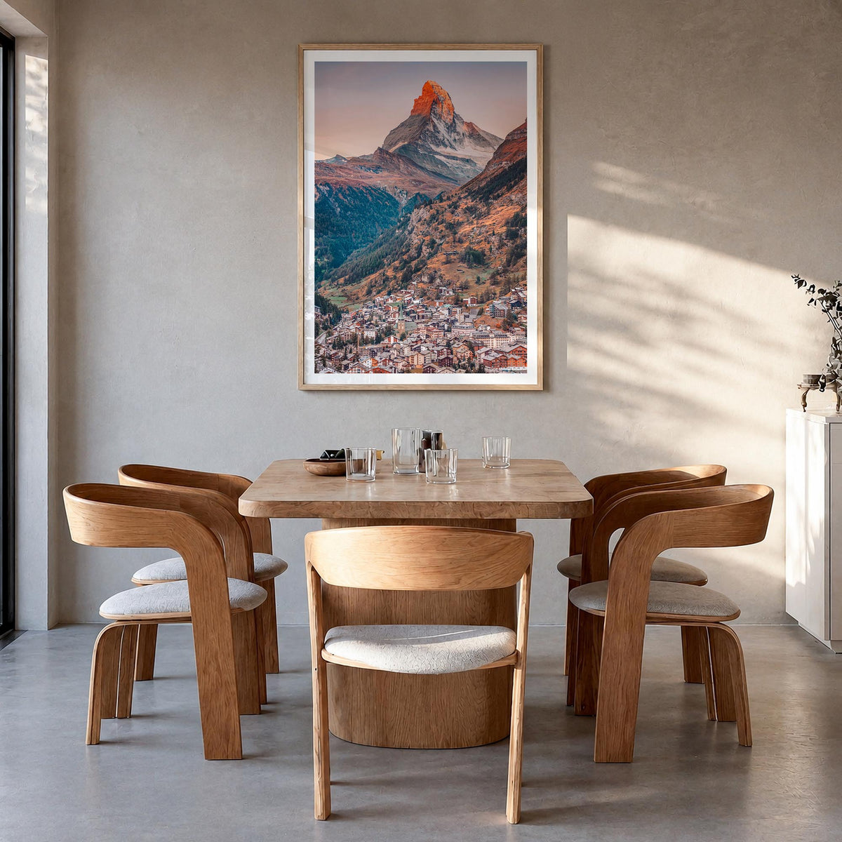 Zermatt colorful photo poster of Switzerland – vertical wall art in natural wood frame with white border, hanging on wall