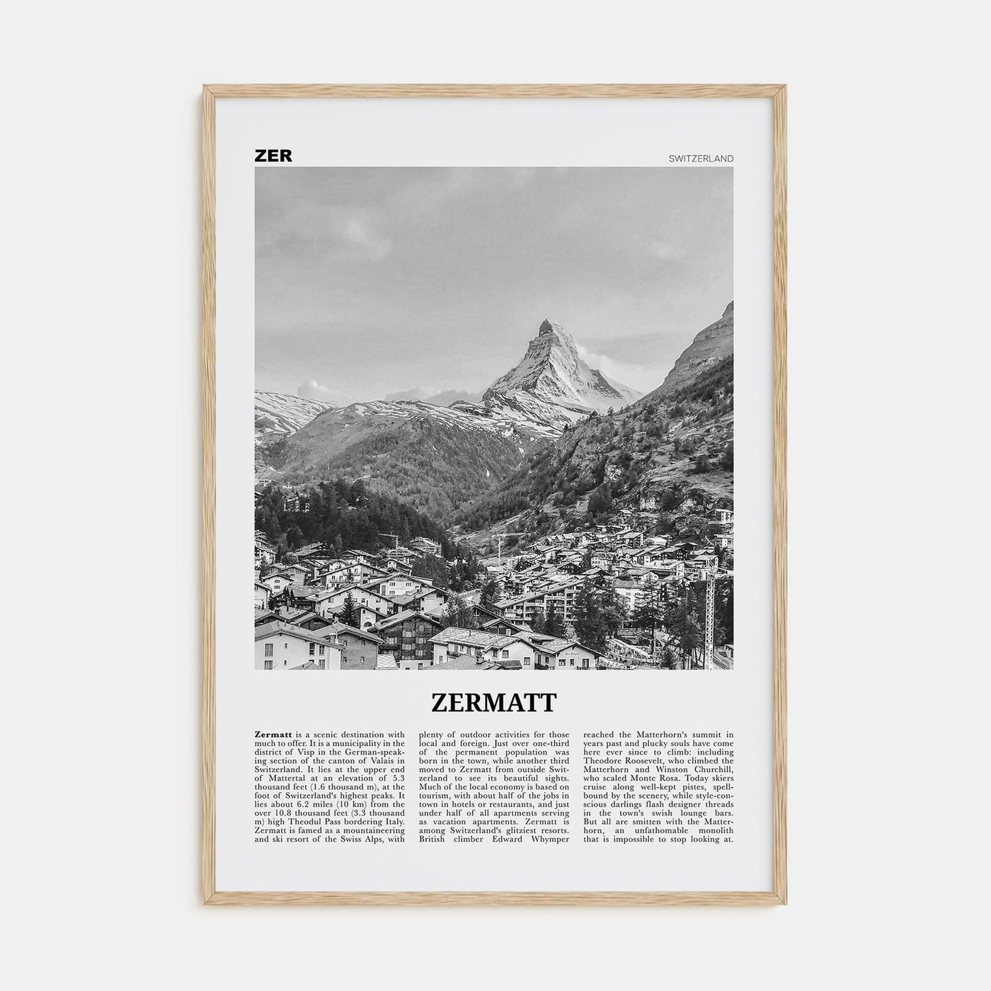 Zermatt Poster Natural Wood / 8x12 in Nbourhood Travel B&W Poster