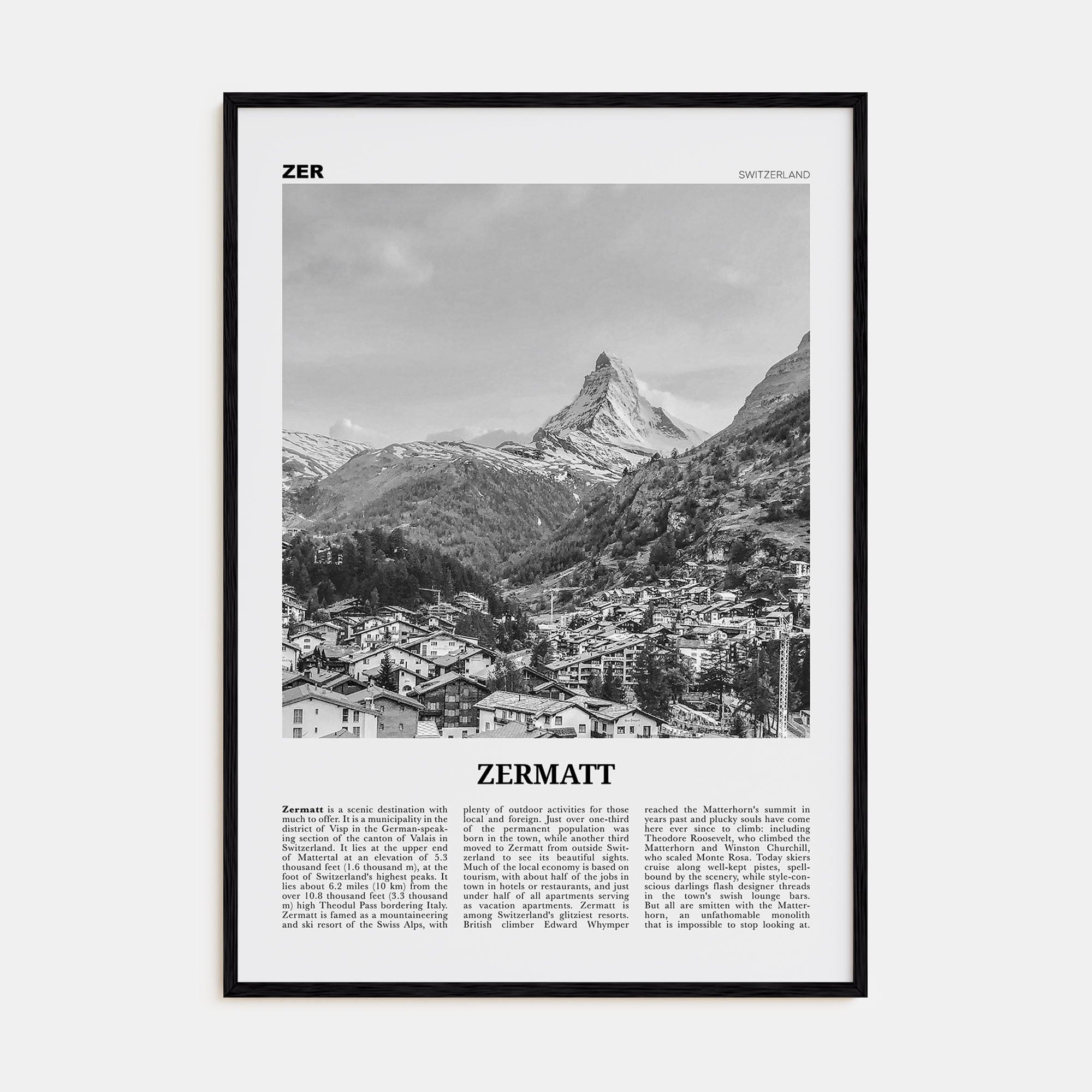 Zermatt Poster Black Wood / 8x12 in Nbourhood Travel B&W Poster