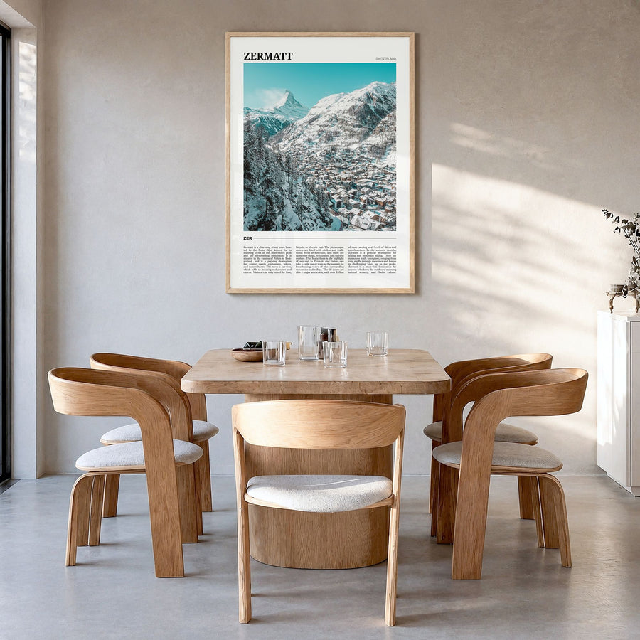 Zermatt Travel Poster in a natural wood frame, hanging in a dining room