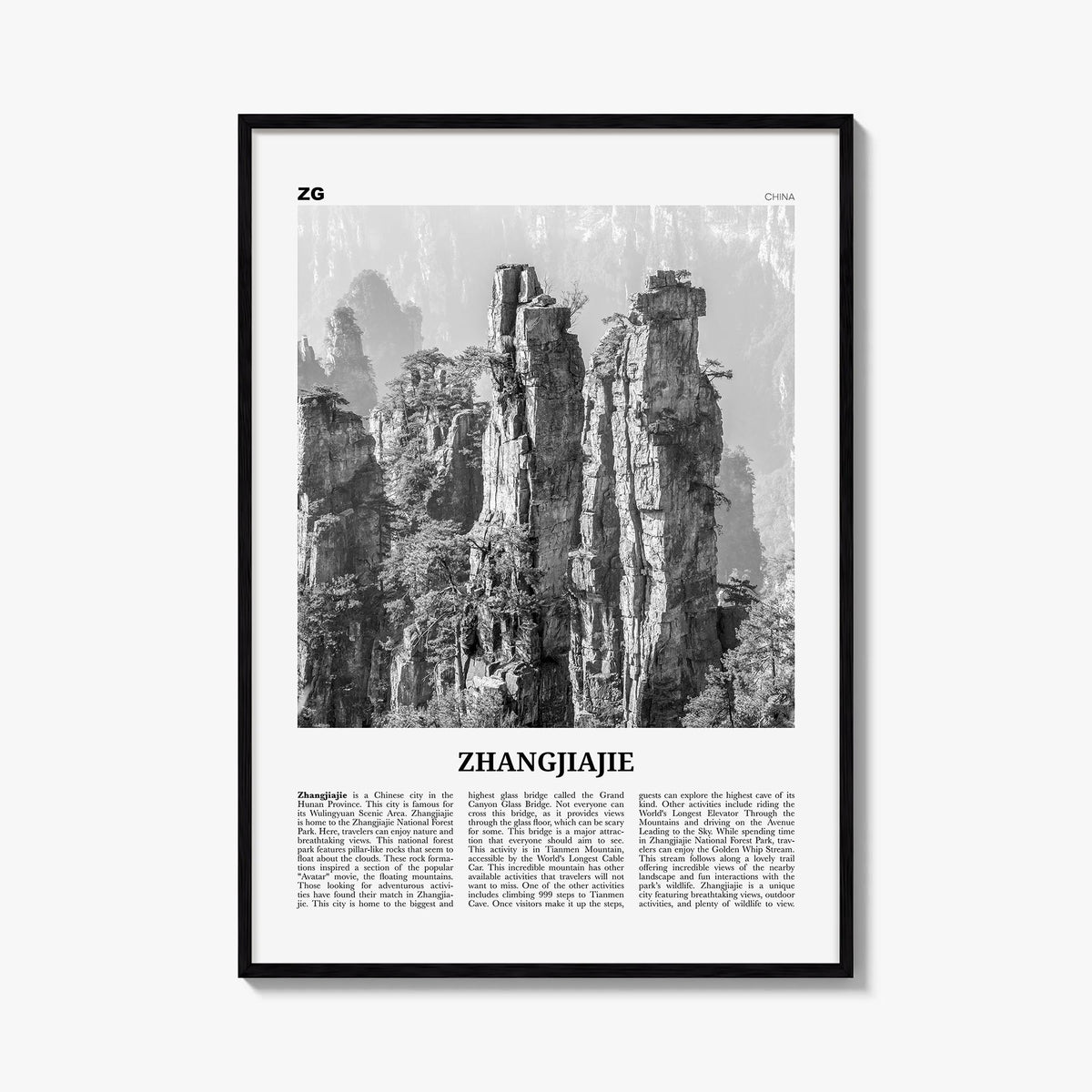 Zhangjiajie black & white newspaper poster of China – vertical wall art, unframed print shown in interior mockup