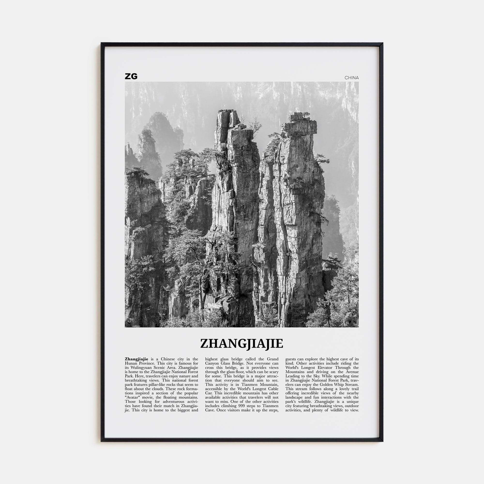 Zhangjiajie Poster Black Metal / 8x12 in Nbourhood Travel B&W Poster