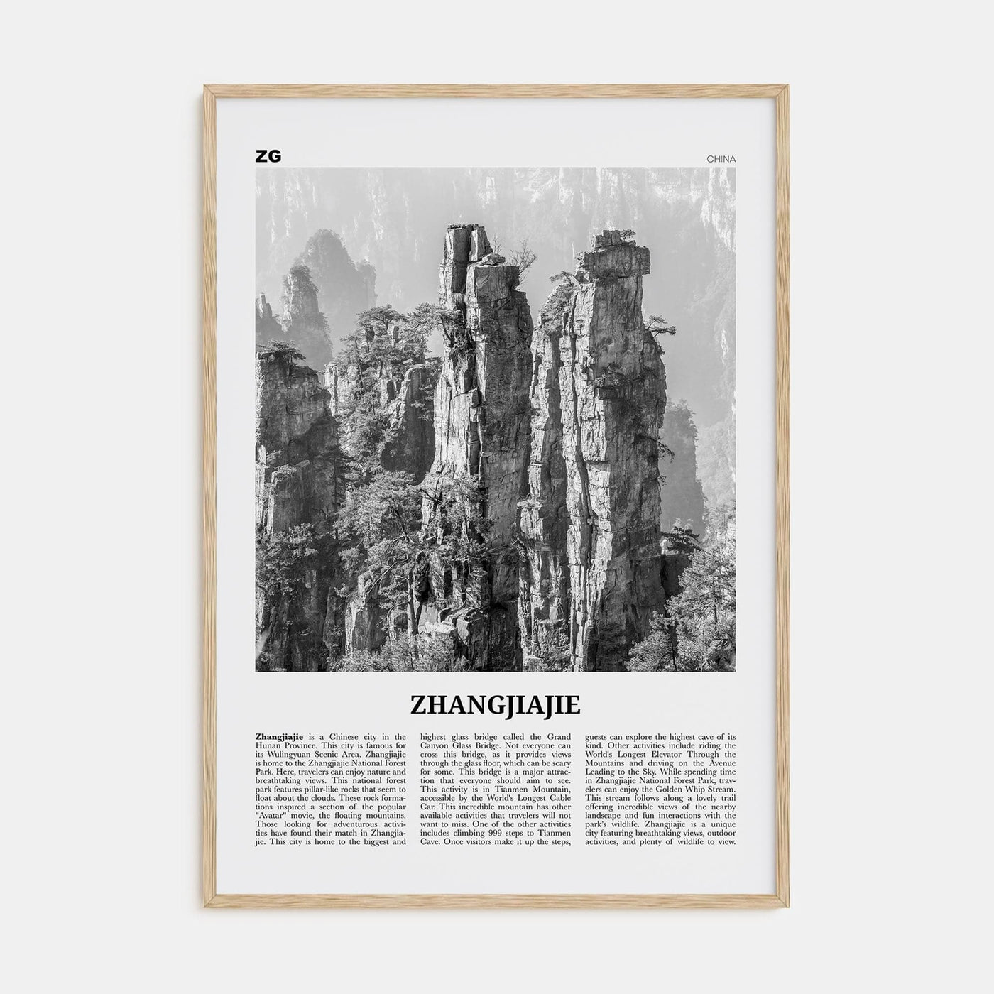 Zhangjiajie Poster Natural Wood / 8x12 in Nbourhood Travel B&W Poster