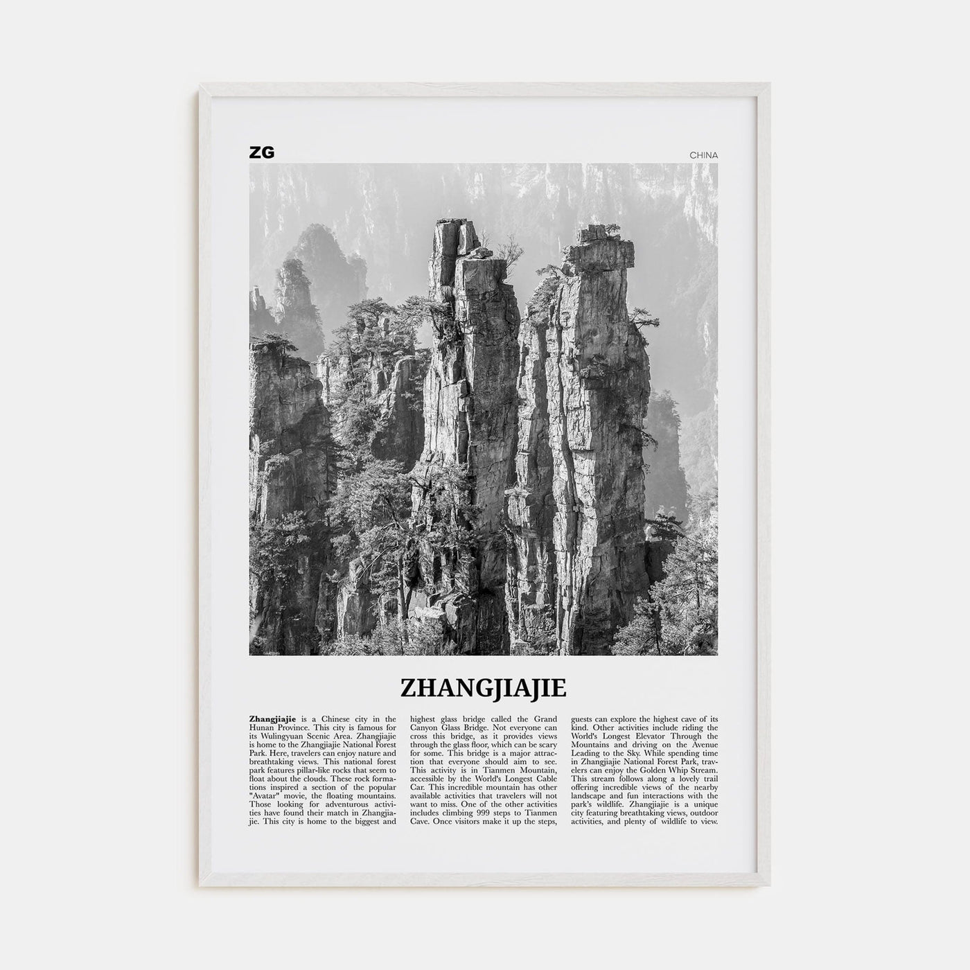 Zhangjiajie Poster White Wood / 8x12 in Nbourhood Travel B&W Poster