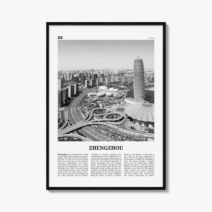 Zhengzhou black & white newspaper poster of China – vertical wall art, unframed print shown in interior mockup