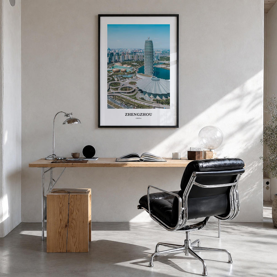 Zhengzhou colorful classic poster of China – vertical wall art in black wood frame, hanging on wall