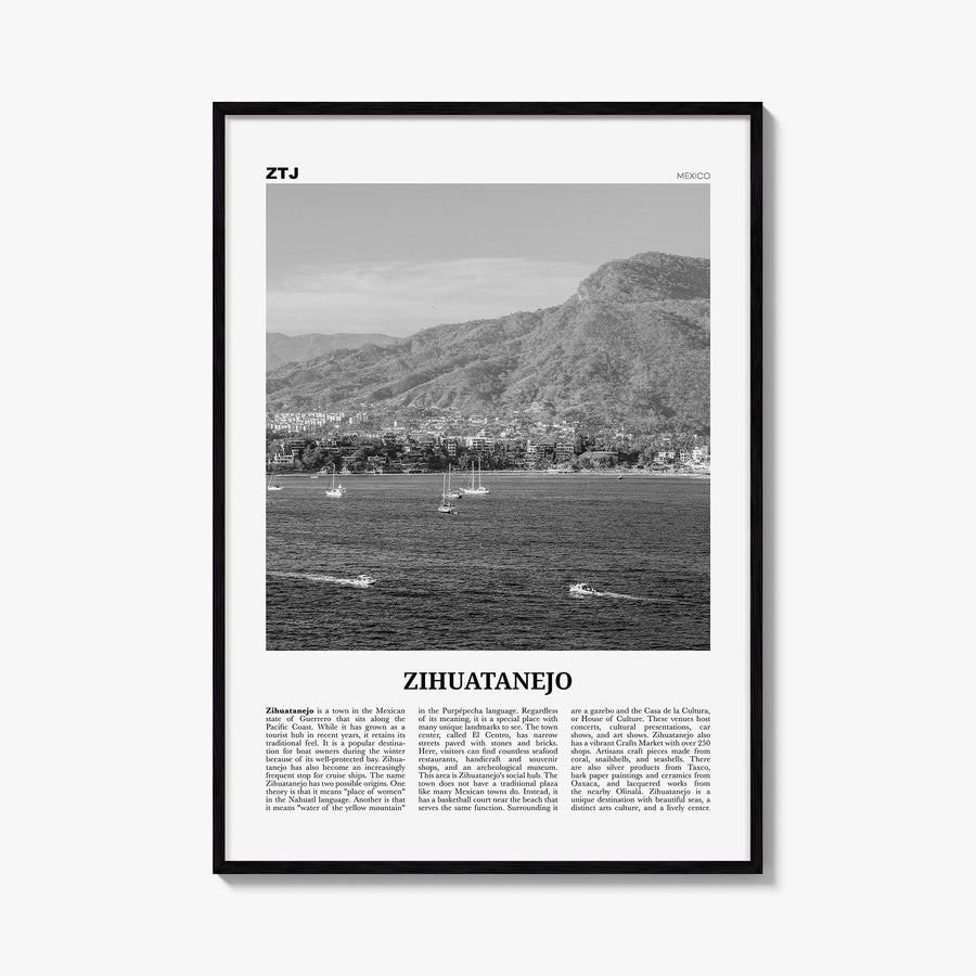 Zihuatanejo black & white newspaper poster of Mexico – vertical wall art, unframed print shown in interior mockup