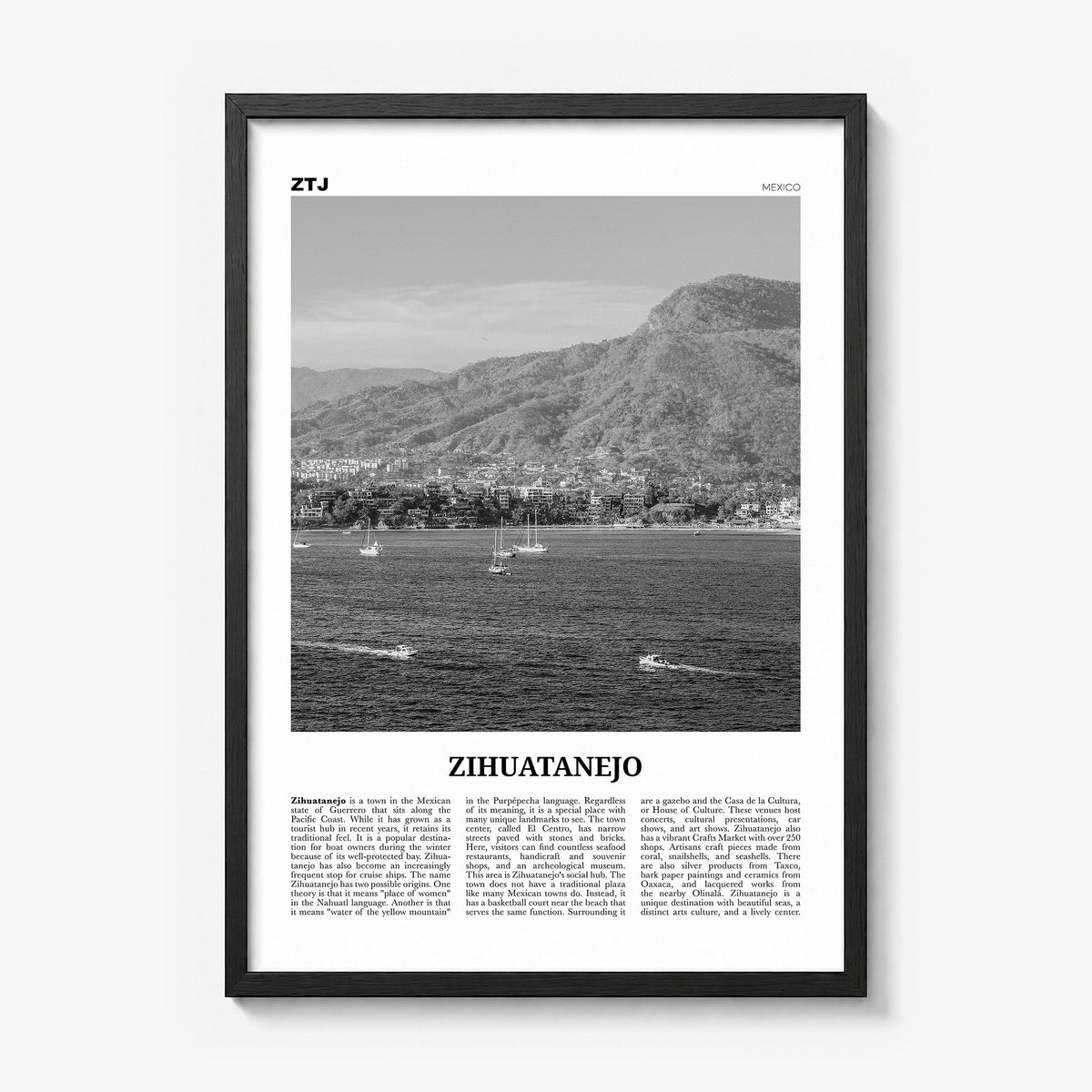 Zihuatanejo Newspaper Poster in a black wood frame