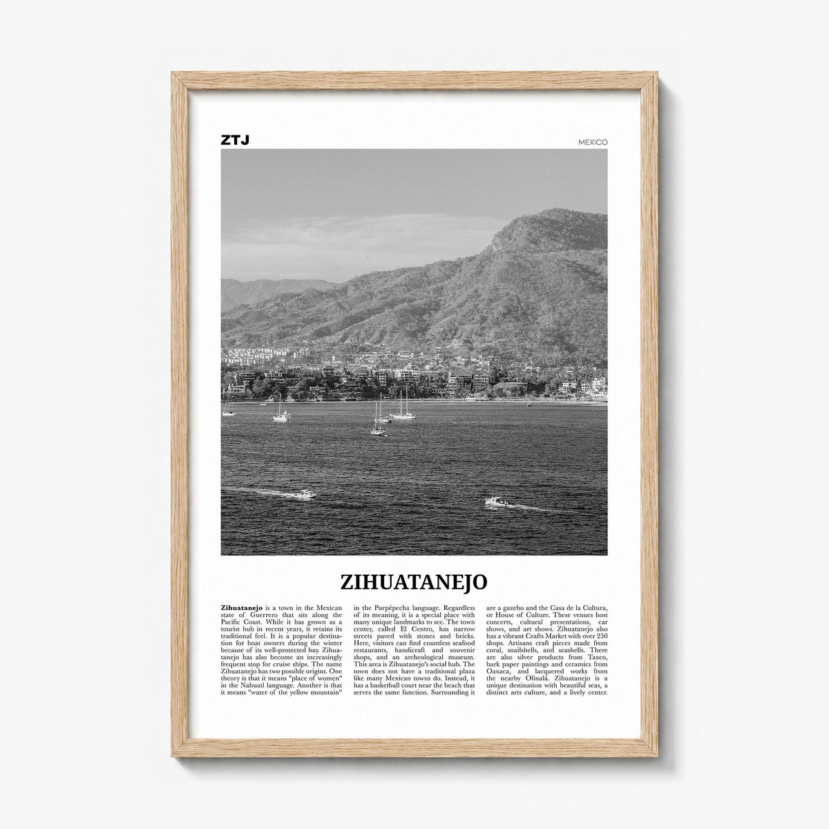 Zihuatanejo Newspaper Poster in a natural wood frame