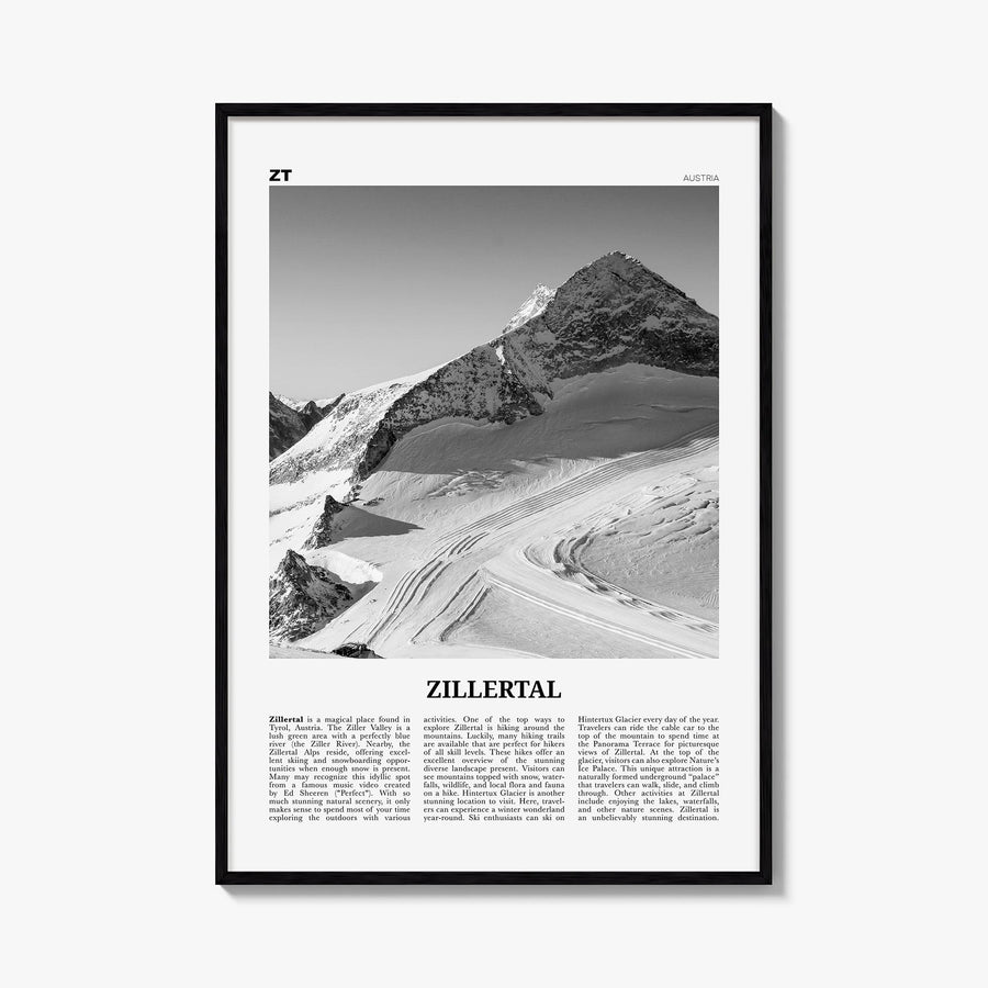 Zillertal black & white newspaper poster of Austria – vertical wall art, unframed print shown in interior mockup