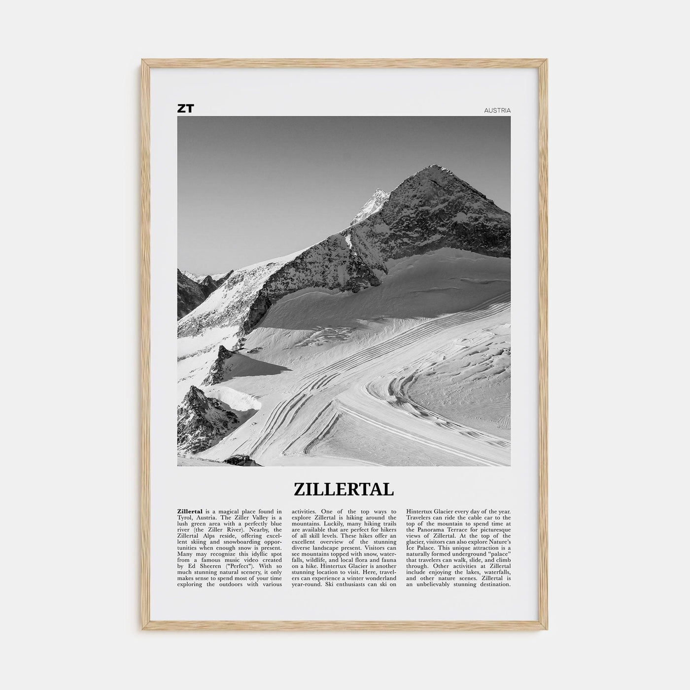 Zillertal Poster Natural Wood / 8x12 in Nbourhood Travel B&W Poster