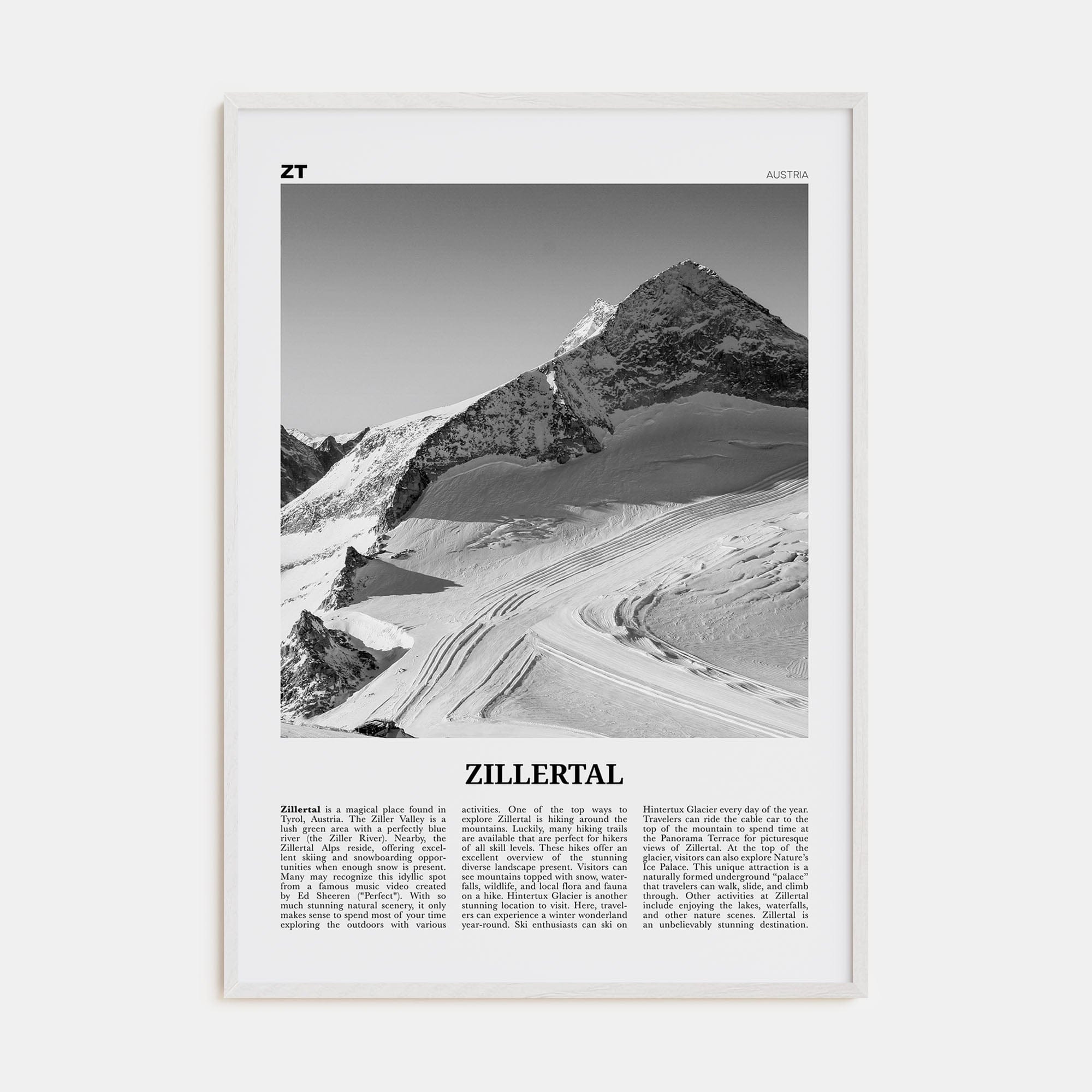 Zillertal Poster White Wood / 8x12 in Nbourhood Travel B&W Poster