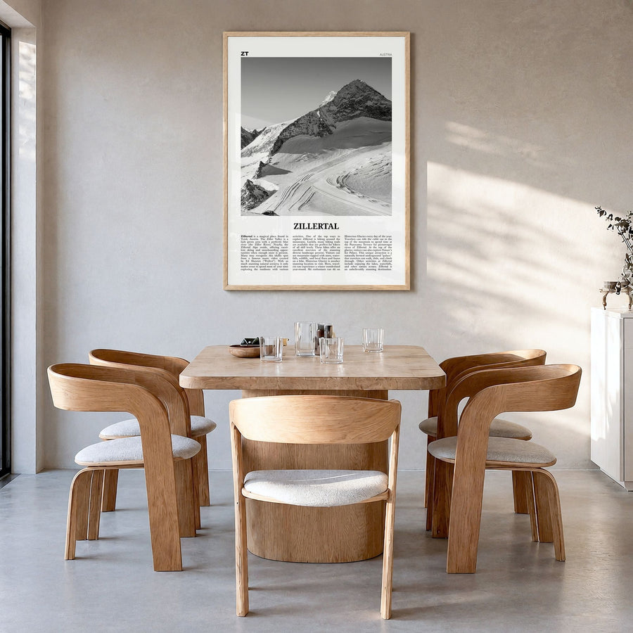 Zillertal Newspaper Poster in a natural wood frame, hanging in a dining room
