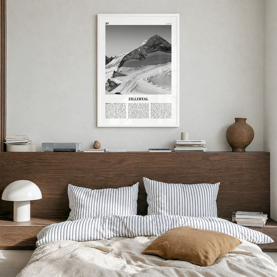 Zillertal Newspaper Poster in a white wood frame, hanging in a bedroom
