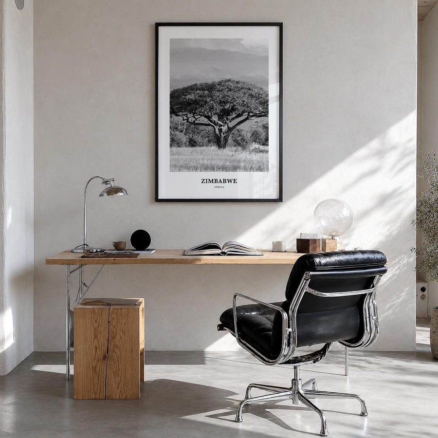 Zimbabwe black & white classic poster of Africa – vertical wall art in black wood frame, hanging on wall