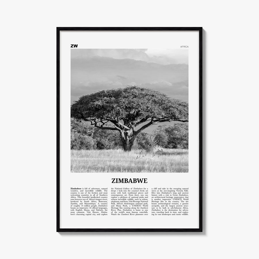 Zimbabwe black & white newspaper poster of Africa – vertical wall art, unframed print shown in interior mockup
