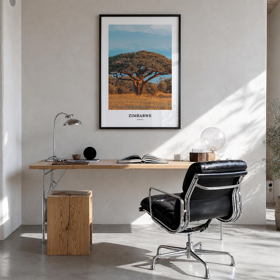 Zimbabwe colorful classic poster of Africa – vertical wall art in black wood frame, hanging on wall