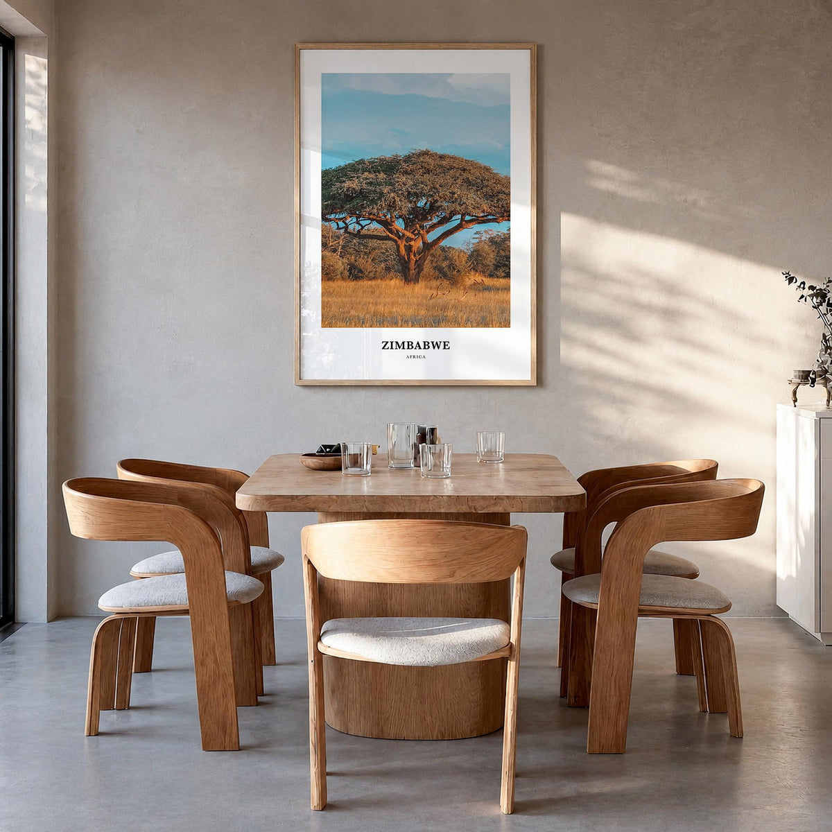 Zimbabwe colorful classic poster of Africa – vertical wall art in natural wood frame, hanging on wall