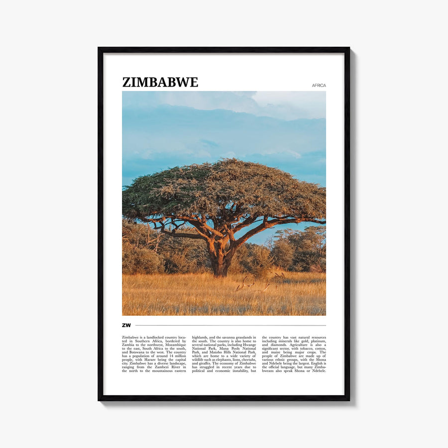 Zimbabwe colorful travel poster of Africa – vertical wall art, unframed print shown in interior mockup