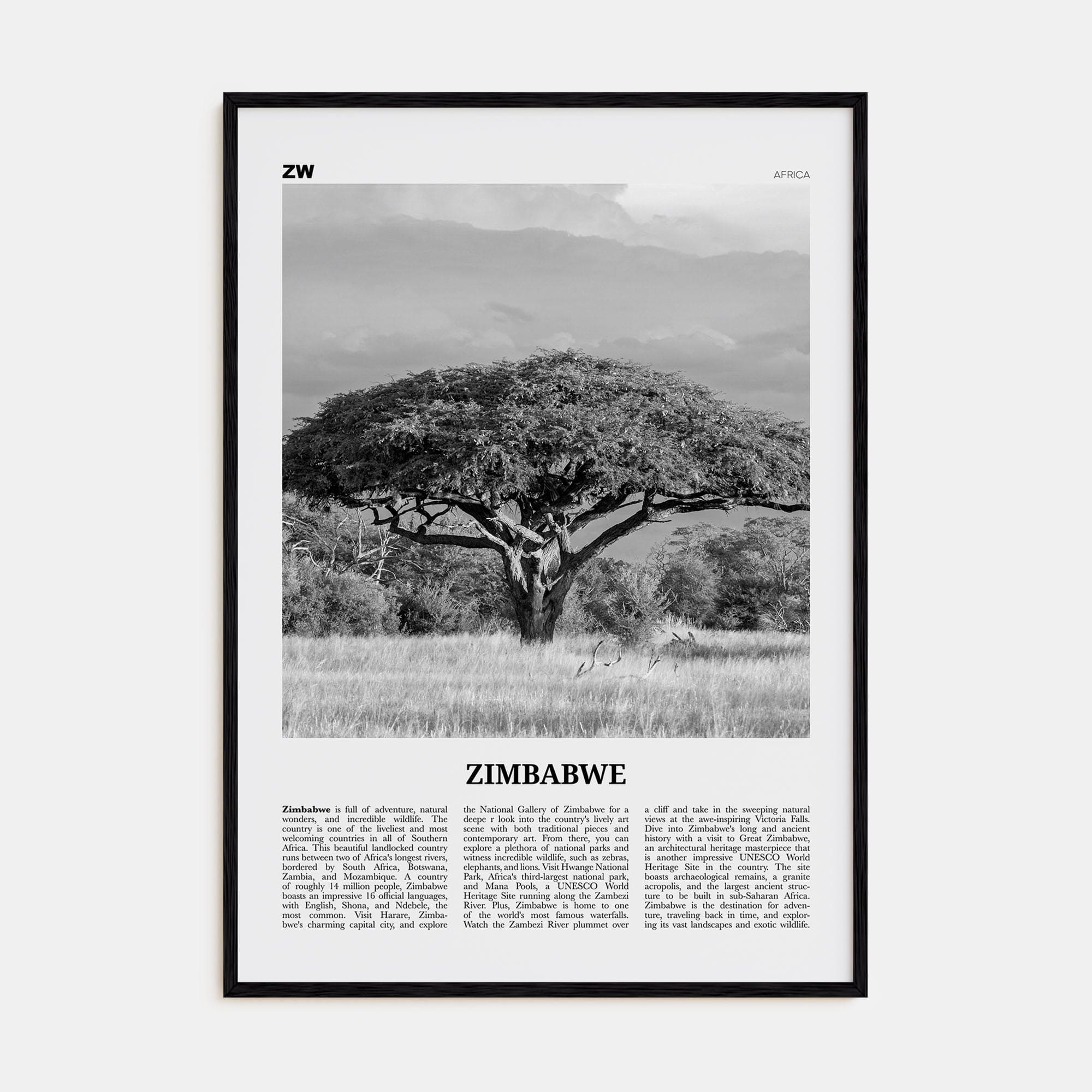 Zimbabwe Poster Black Wood / 8x12 in Nbourhood Travel B&W Poster