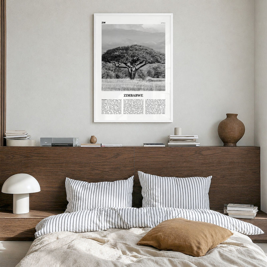 Zimbabwe Newspaper Poster in a white wood frame, hanging in a bedroom