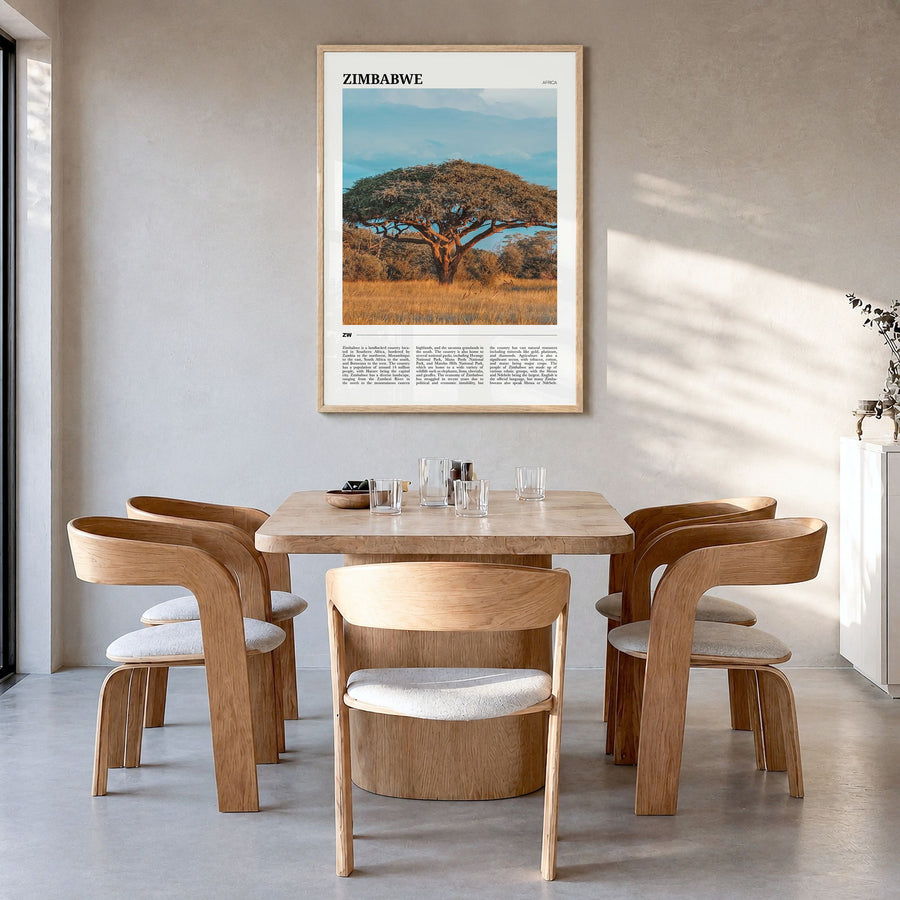 Zimbabwe Travel Poster in a natural wood frame, hanging in a dining room