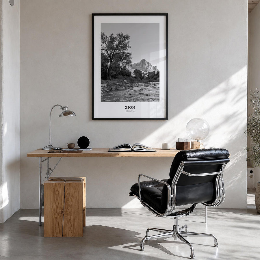 Zion National Park black & white classic poster of Utah, USA – vertical wall art in black wood frame, hanging on wall