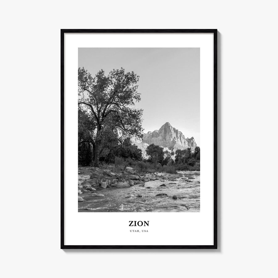 Zion National Park black & white classic poster of Utah, USA – vertical wall art, unframed print shown in interior mockup
