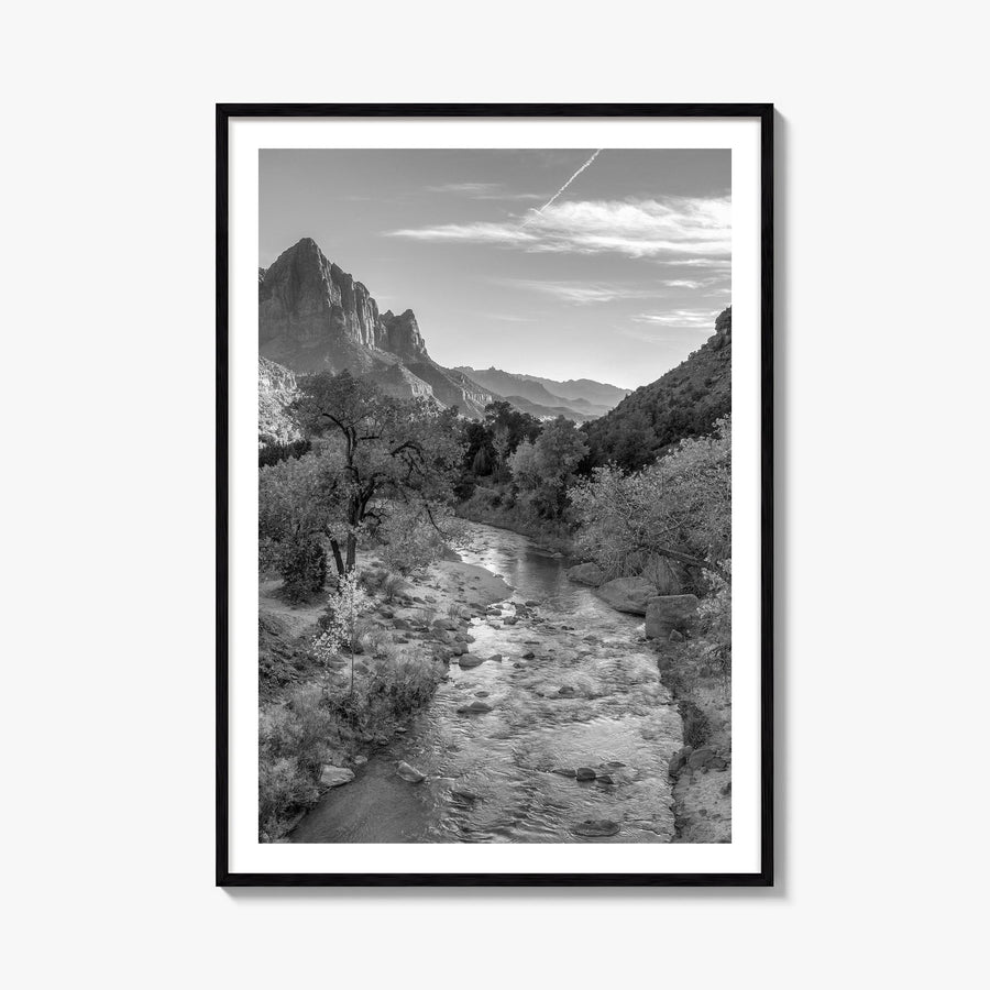Zion National Park black & white photo poster of Utah, USA – vertical wall art, unframed print shown in interior mockup