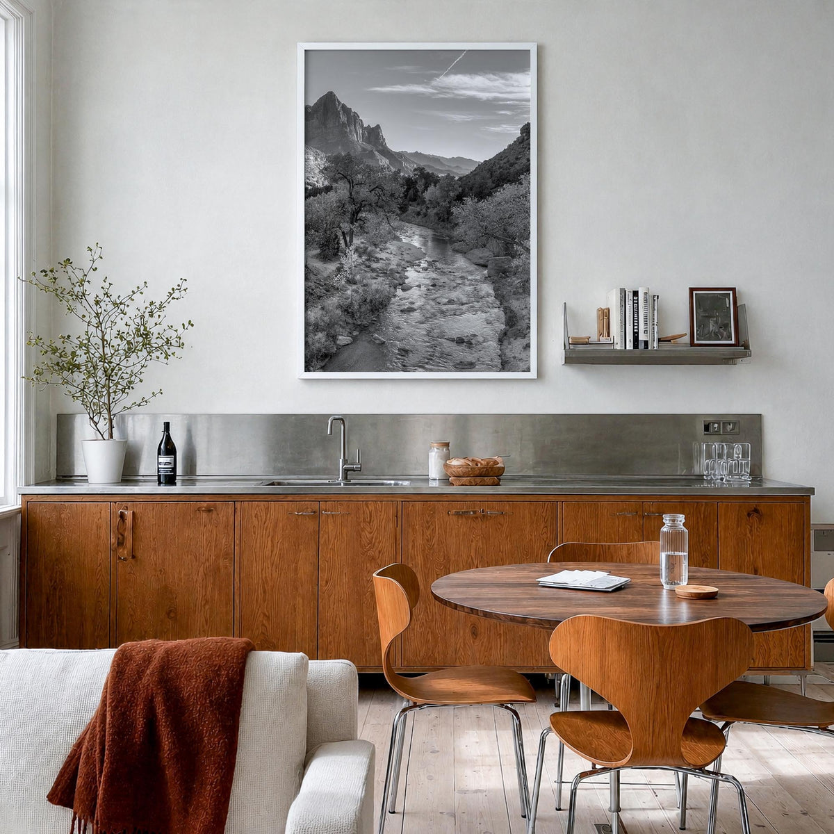 Zion National Park black & white photo poster of Utah, USA – vertical wall art in white wood frame, hanging on wall