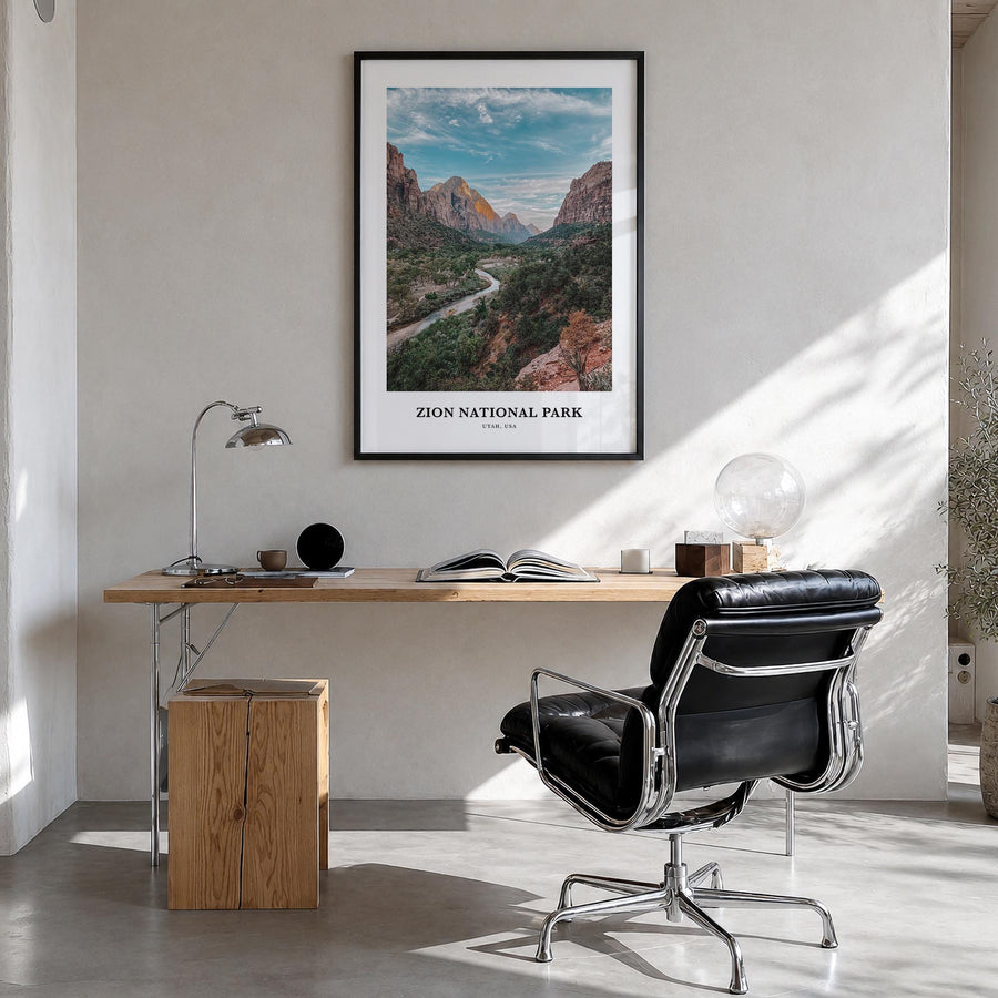 Zion National Park colorful classic poster of Utah, USA – vertical wall art in black wood frame, hanging on wall