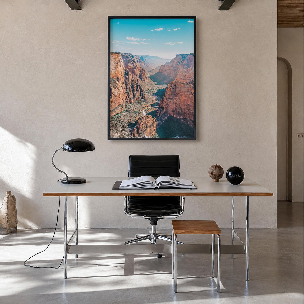 Zion National Park colorful photo poster of Utah, USA – vertical wall art in black wood frame, hanging on wall