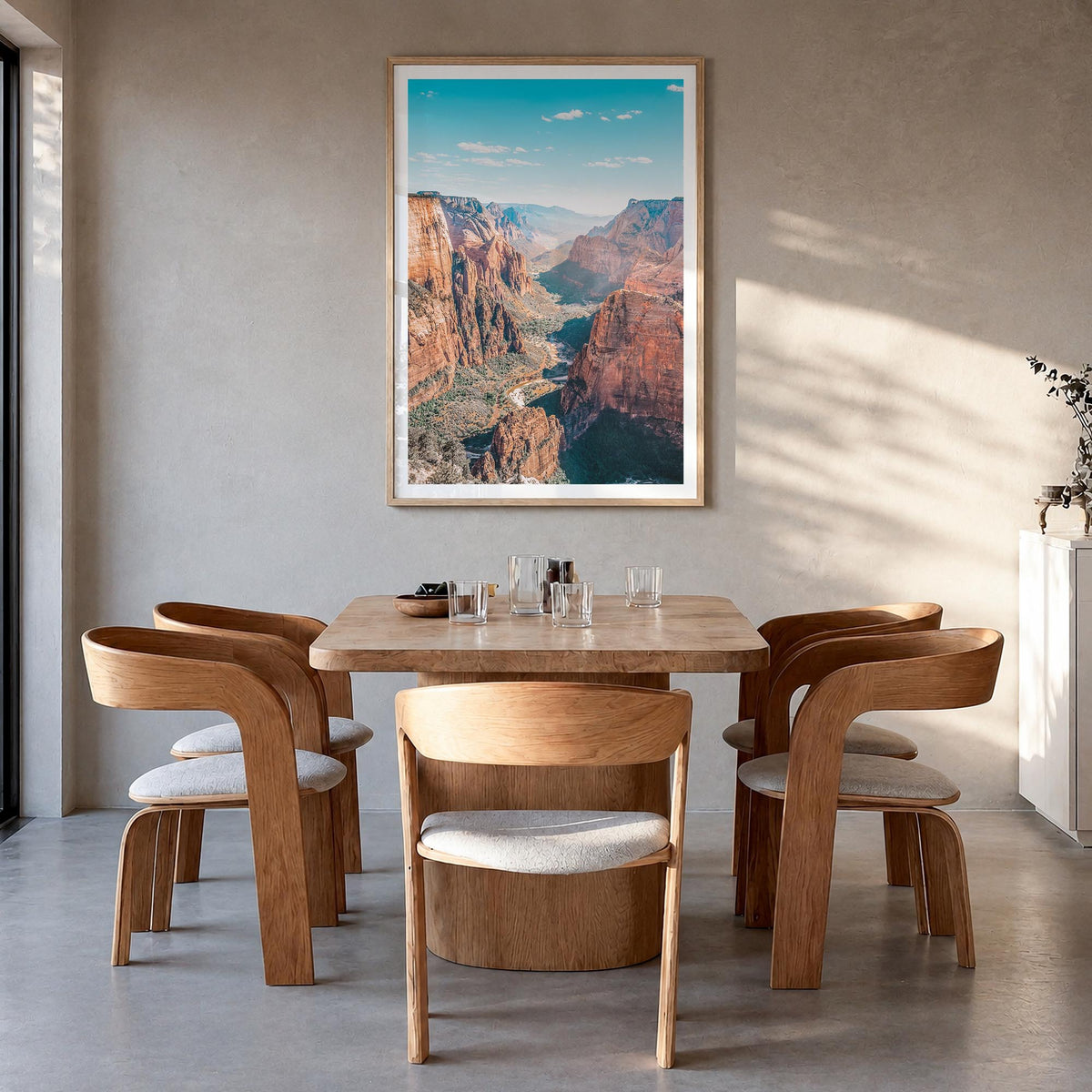 Zion National Park colorful photo poster of Utah, USA – vertical wall art in natural wood frame with white border, hanging on