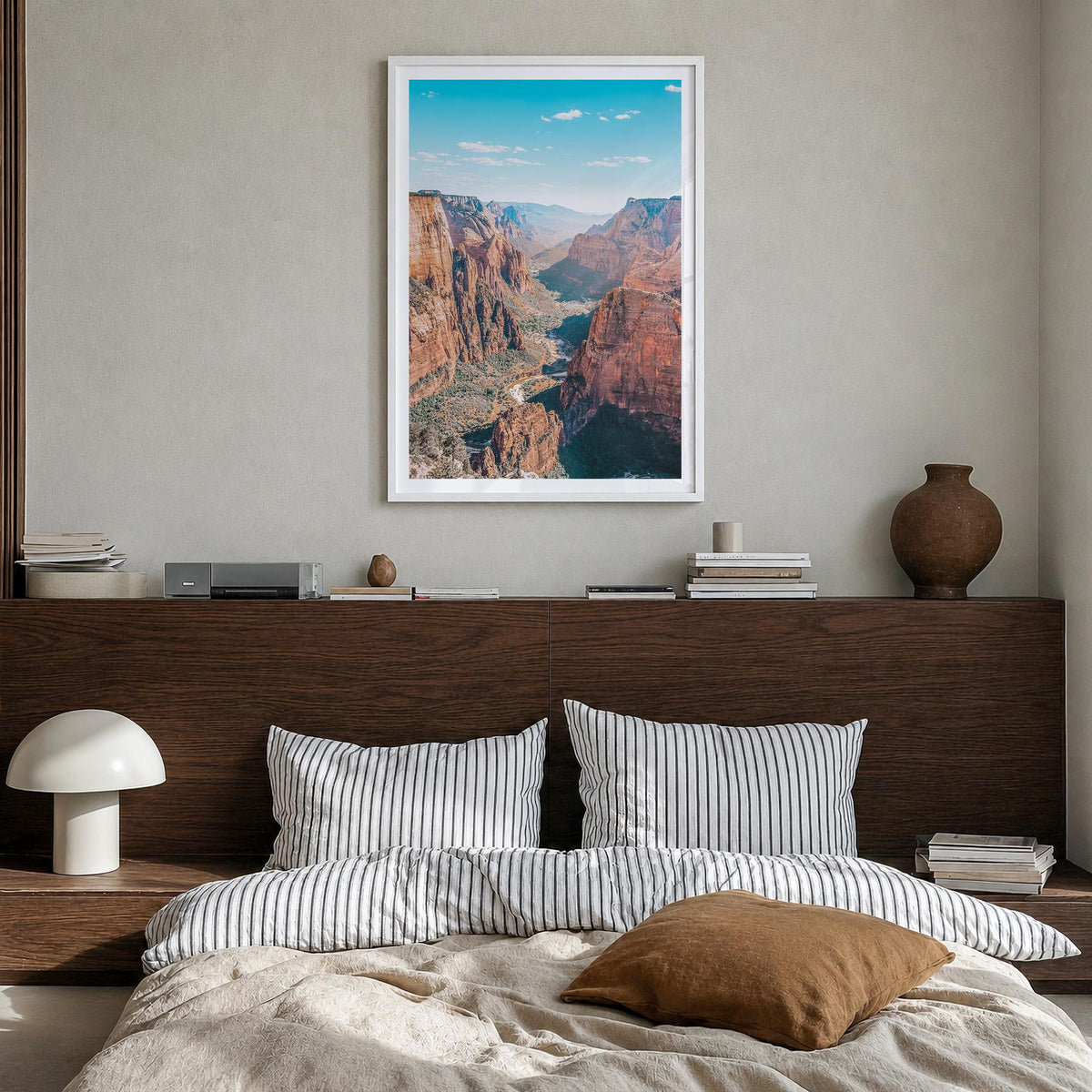 Zion National Park colorful photo poster of Utah, USA – vertical wall art in white wood frame with white border, hanging on w