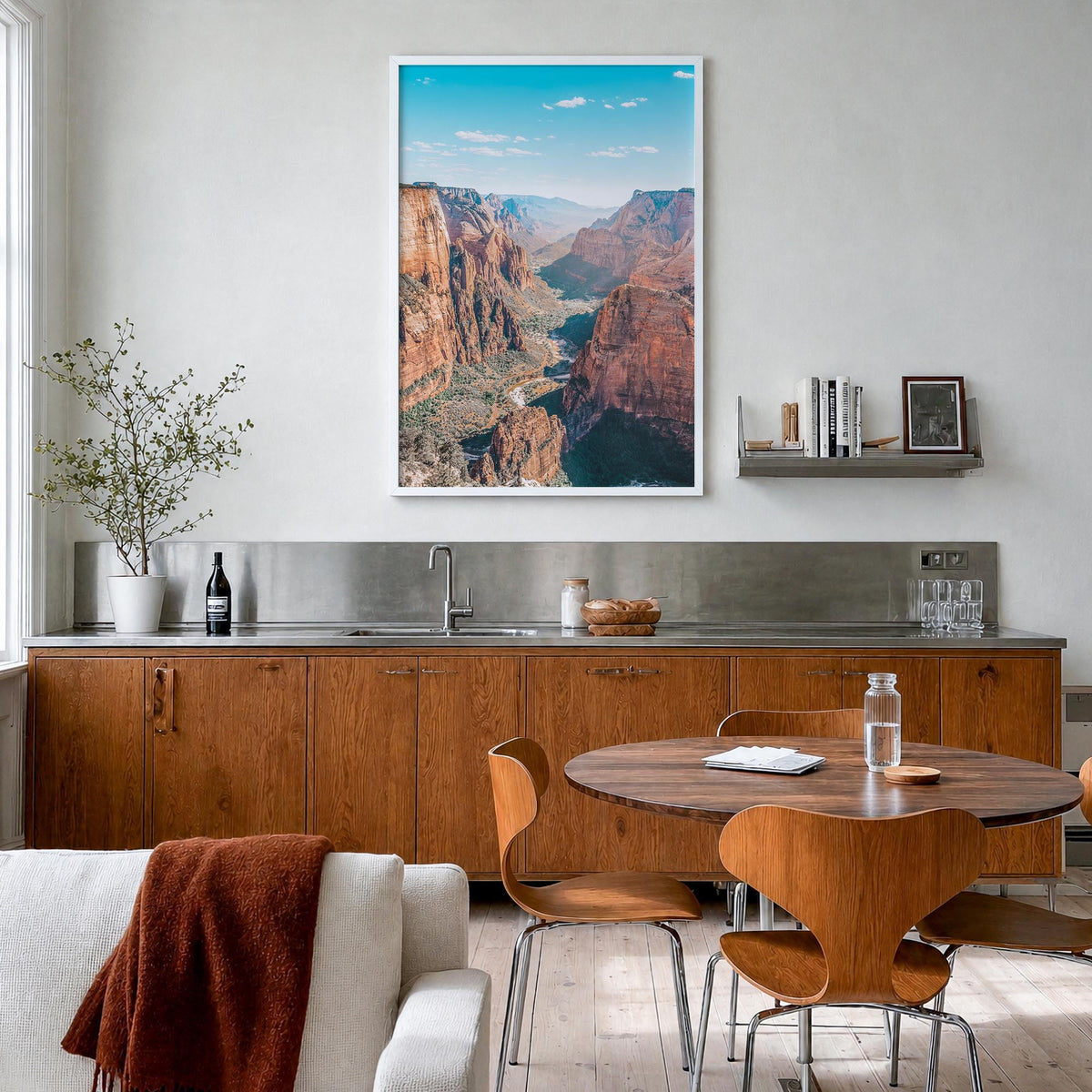 Zion National Park colorful photo poster of Utah, USA – vertical wall art in white wood frame, hanging on wall
